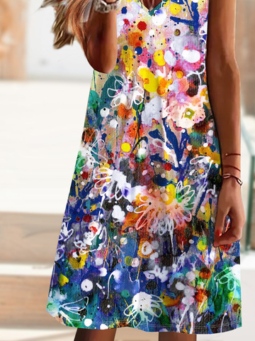 Floral Print V-neck Short Sleeve Dress