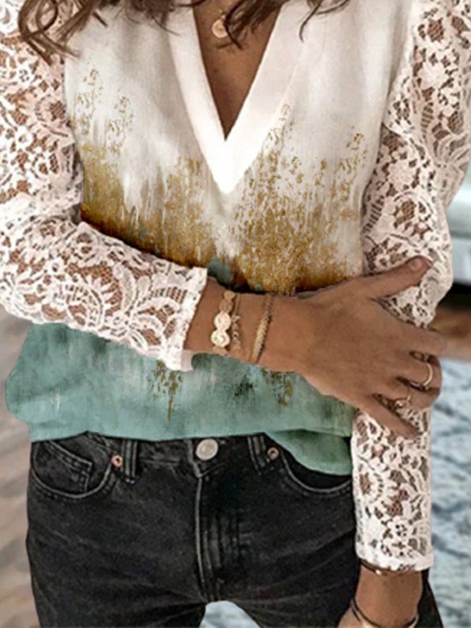 Women's Plus Size Tops Blouse Shirt Sequins Abstract Lace Long Sleeve V Neck Streetwear Daily Going out Polyester Casual Tops Fall 2022