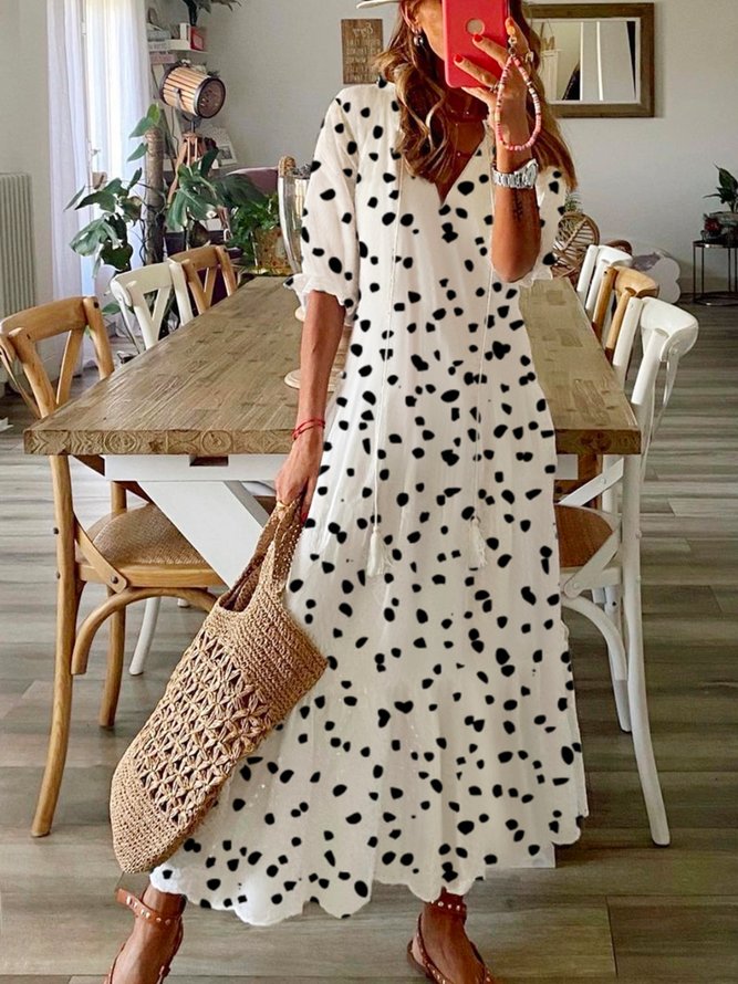 Casual Polka Dots Half Sleeve V Neck Printed Dress
