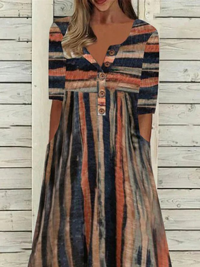 Women Striped Casual Autumn Polyester Natural No Elasticity Daily Crew Neck Regular Size Dresses