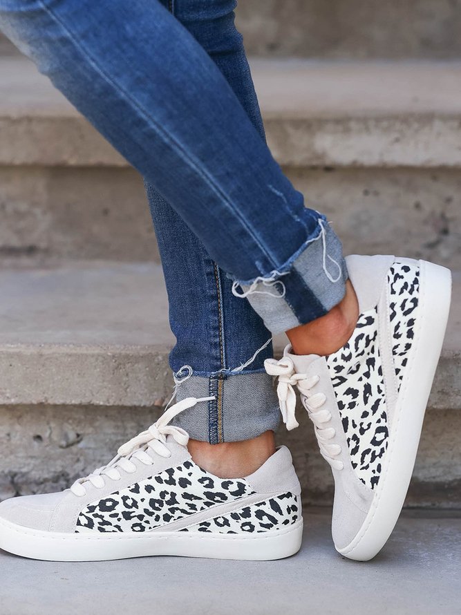 Women Casual All Season Leopard Split Joint Daily Flat Heel Synthetic leather Lace-Up Skate Shoes Sneakers