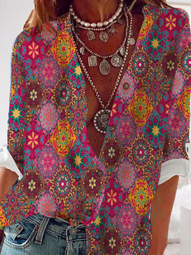 Vintage Ethnic Autumn No Elasticity Vacation Best Sell Regular Regular Shirt Collar Blouse for Women