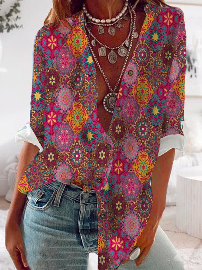 Vintage Ethnic Autumn No Elasticity Vacation Best Sell Regular Regular Shirt Collar Blouse for Women