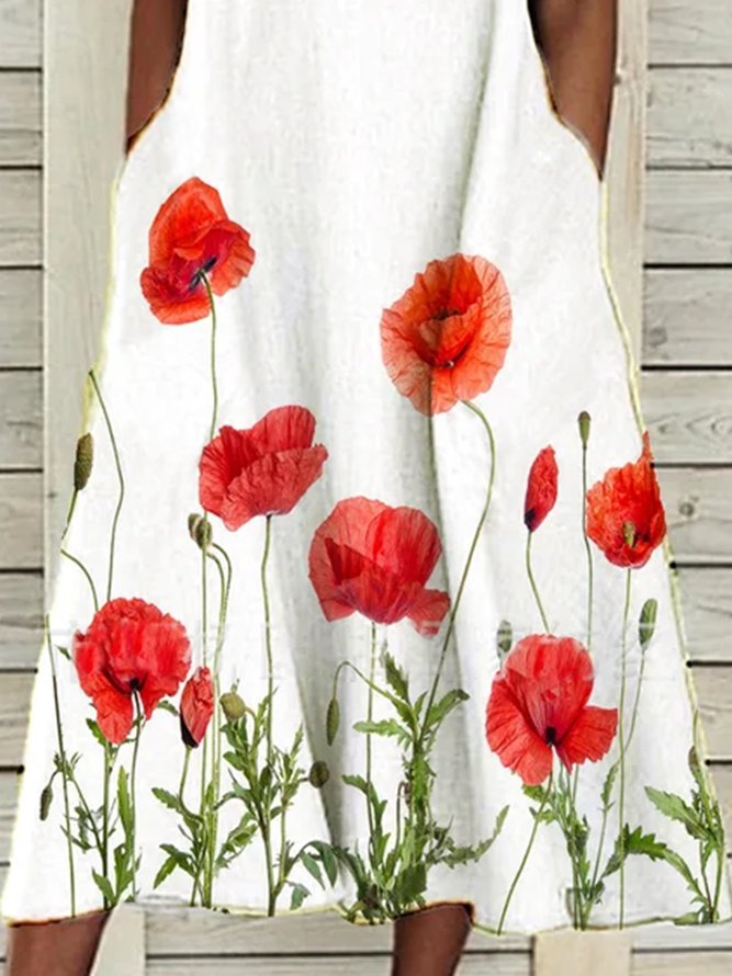 Women Floral Print Casual A-Line Floral Midi Weaving Dress