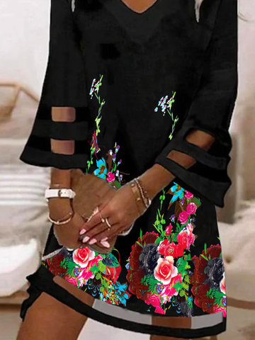 Women Vintage Floral Autumn Polyester Micro-Elasticity Loose Skirt A-Line Regular Dresses