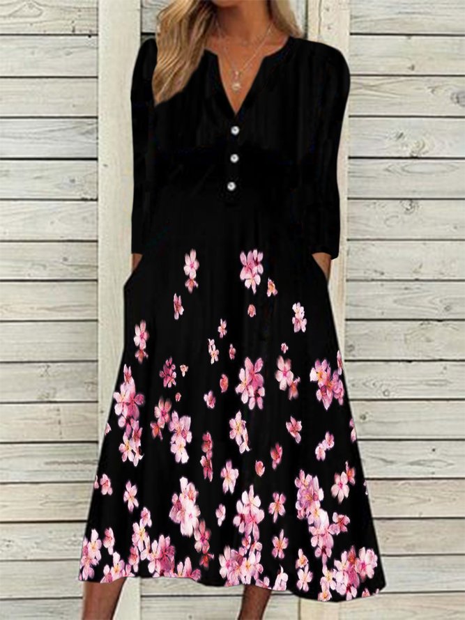Casual Floral Autumn Polyester Buttoned Daily Hot List Notched A-Line Dresses for Women