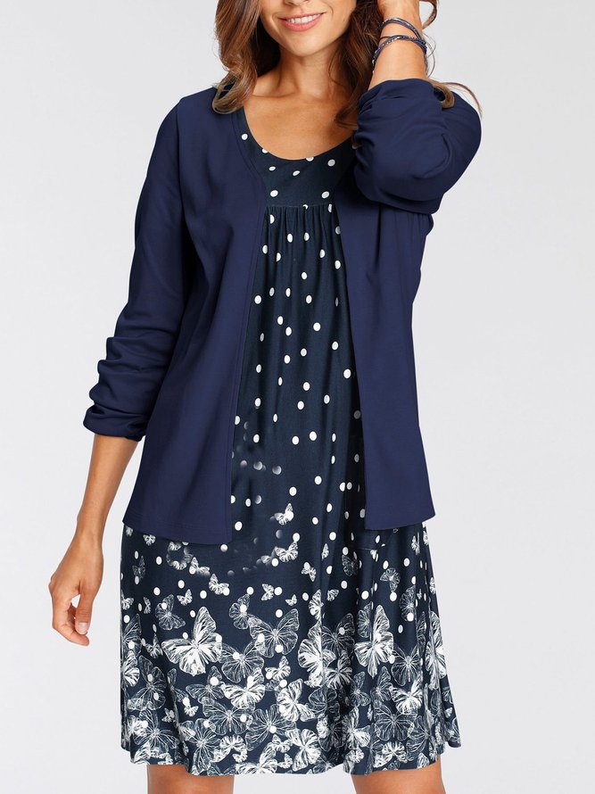 Women's Casual Cardigan With Skirt Dress Loosen Long Sleeve Crew Neck Polka Dots Butterfly Pattern Set Fall Spring 2022