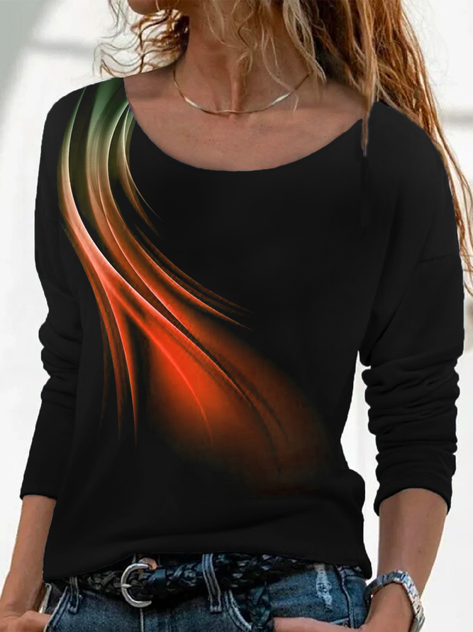 Casual Abstract Autumn Micro-Elasticity Jersey Long sleeve Crew Neck Regular H-Line T-shirt for Women