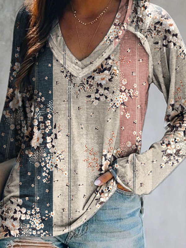 Women Casual Floral Autumn Daily Jersey Best Sell Long sleeve Regular H-Line Tunic T-Shirt