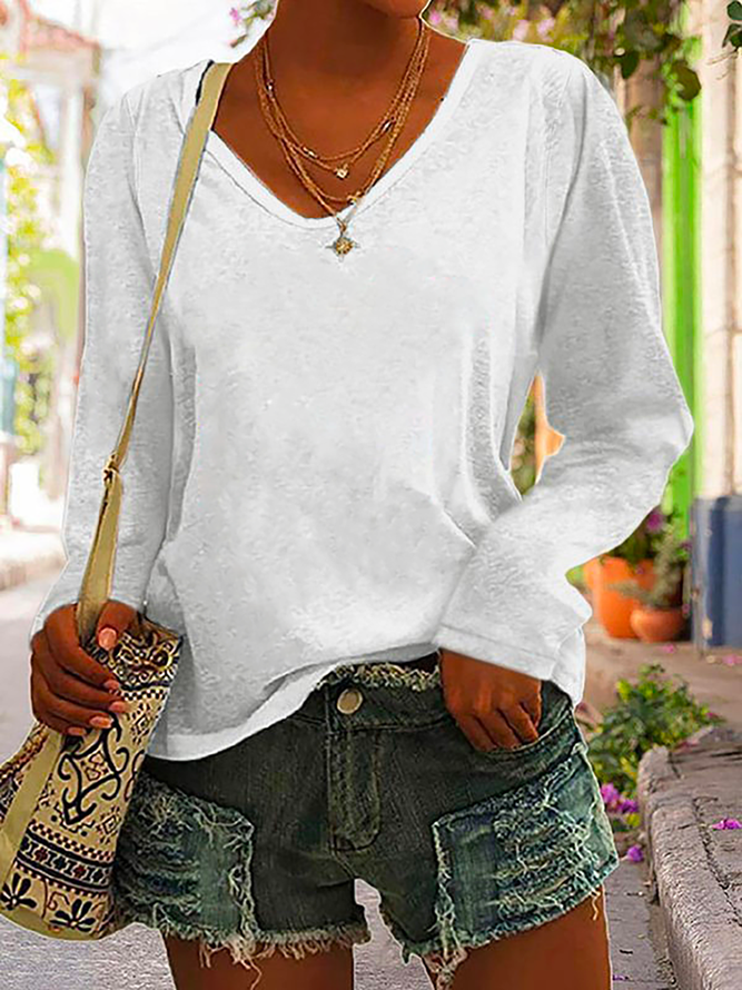 Casual Plain Autumn V neck Micro-Elasticity Loose Standard Long sleeve Regular T-shirt for Women