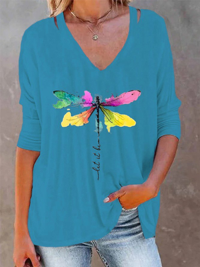 Women's Plus Size Tops T shirt Tee Dragonfly Graphic Prints Print Long Sleeve V Neck Casual Daily Polyester Fall 2022