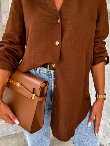 Casual Plain Autumn Micro-Elasticity Loose Long sleeve H-Line Regular Shirt Collar Blouse for Women