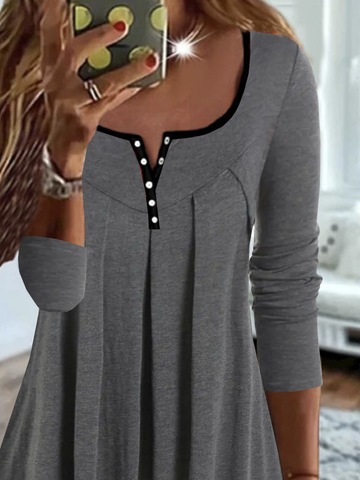 Womens Tops Casual Plain Pleated Contrast Color-block Long-sleeve Jersey Loose Tunic Shirts