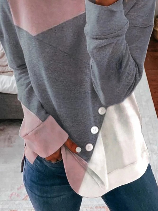 Casual Colorblock Buttoned Loose Tunic Sweatshirt