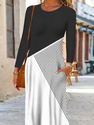 Jersey Striped Crew Neck Long Sleeve Casual Dress