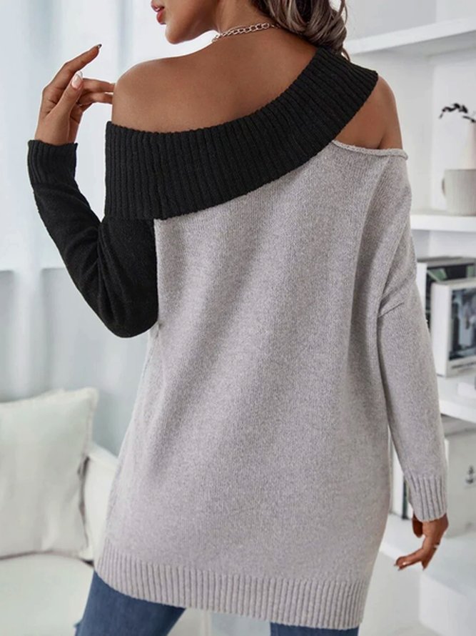 Casual Cold Shoulder Color Block Sweater