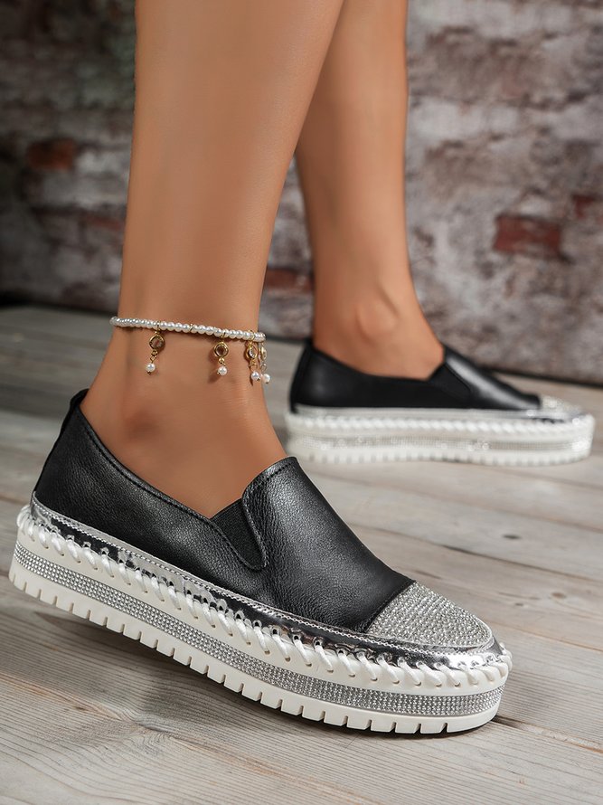Rhinestone Toe Faux Leather Platform Loafers | noracora