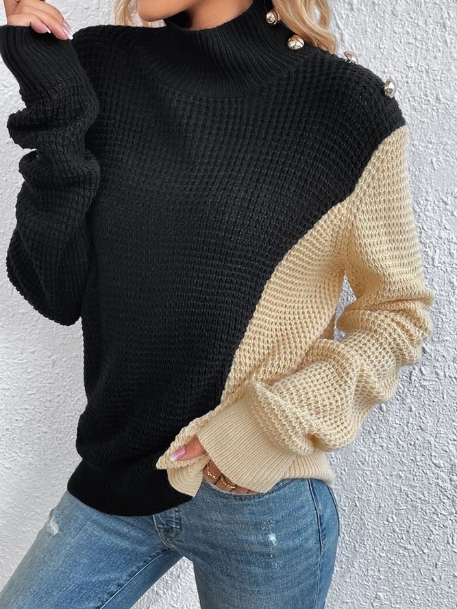 Loose Turtleneck Color Block Splicing Buttons Wool/Knitting Sweater