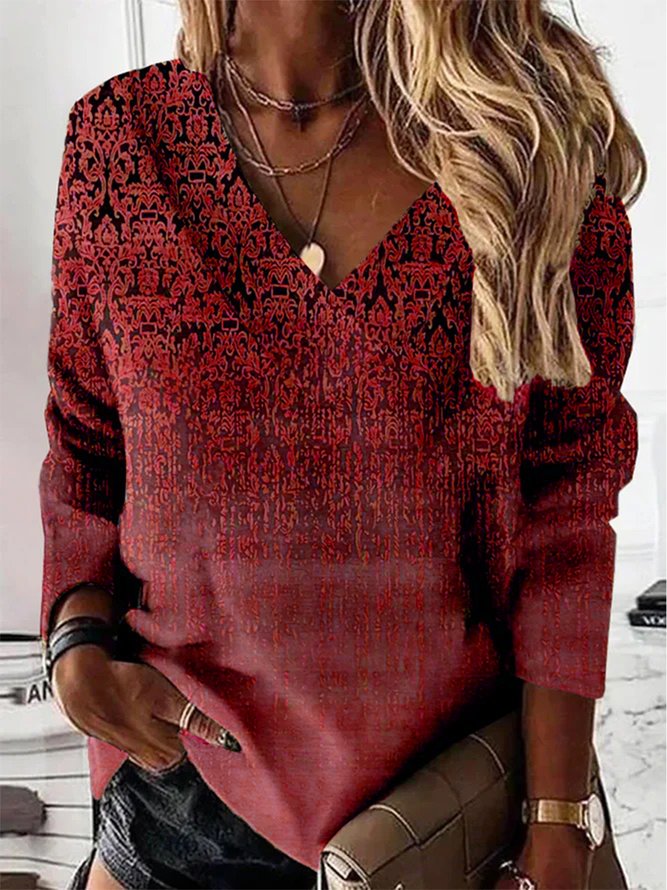 Ethnic Long Sleeve V Neck Casual Tunic Sweatshirt