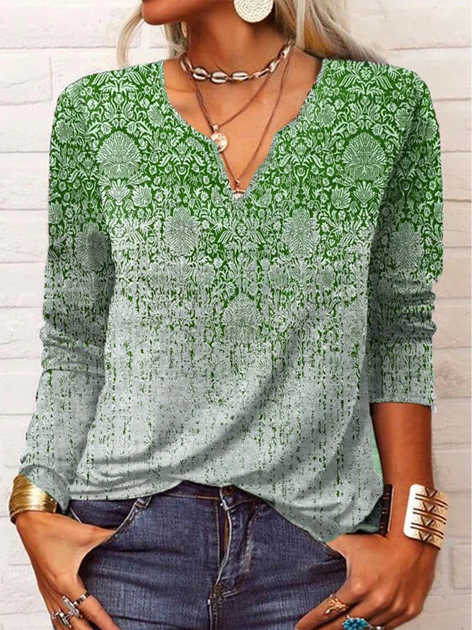 Ethnic Long Sleeve Notched Casual Tunic T-Shirt