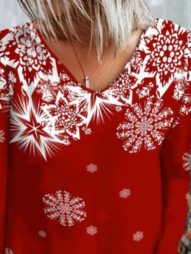 Christmas Snowflake Long Sleeve V Neck Casual Tunic T-Shirt