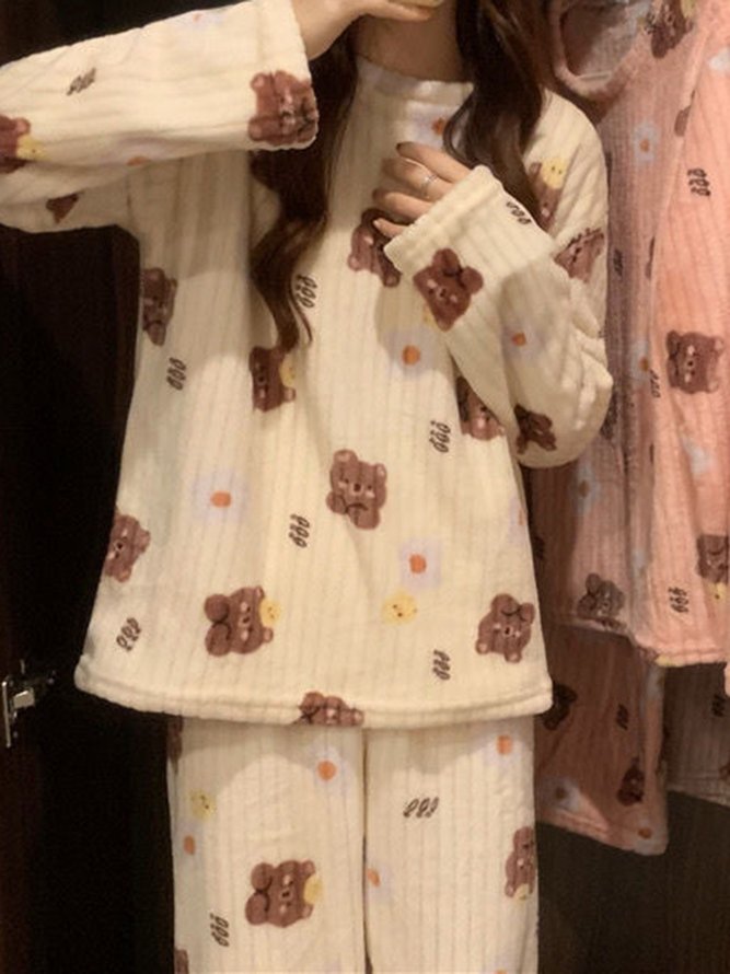 Warm Coral Fleece Cute Bear Pattern Homewear Set Long Sleeve Pants Pajamas