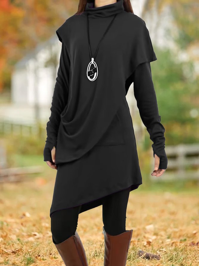 Women Plain Turtleneck Long Sleeve Comfy Casual Midi Dress