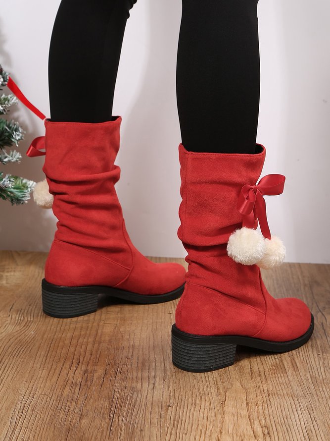 Christmas Pompom Decor  Faux Suede Slouchy Boots