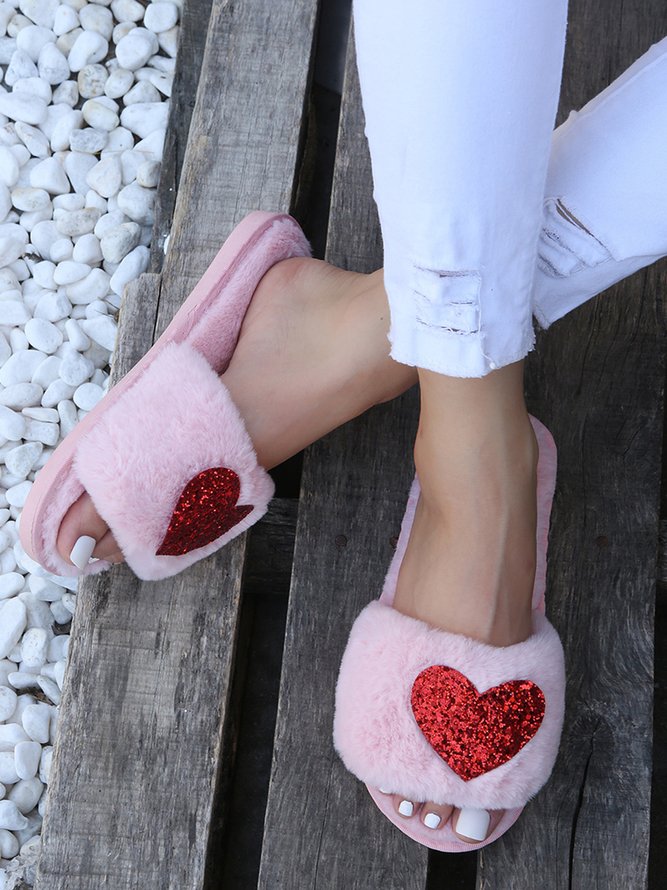 Heart Glitter Decor Fluffy Open-Top Slippers