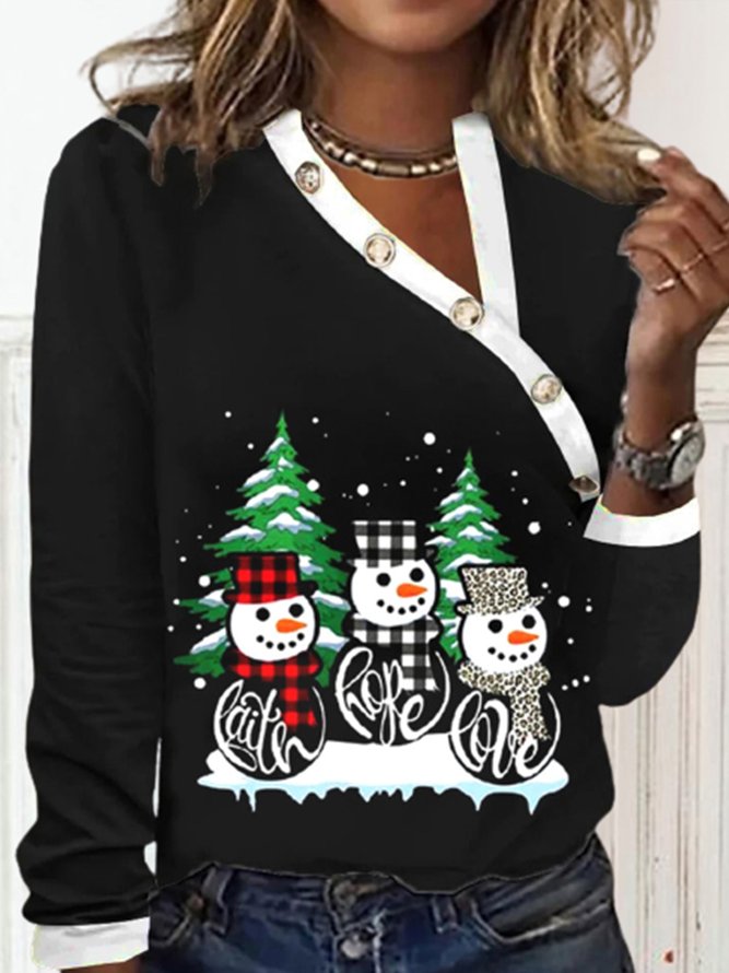 Jersey Christmas Snowman Asymmetrical Casual T-Shirt