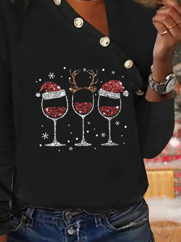 Christmas Glass Casual Buckle Asymmetrical Jersey T-Shirt