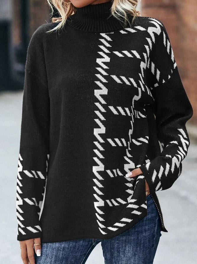 Long Sleeve Color Block Geometric Casual Turtleneck Sweater
