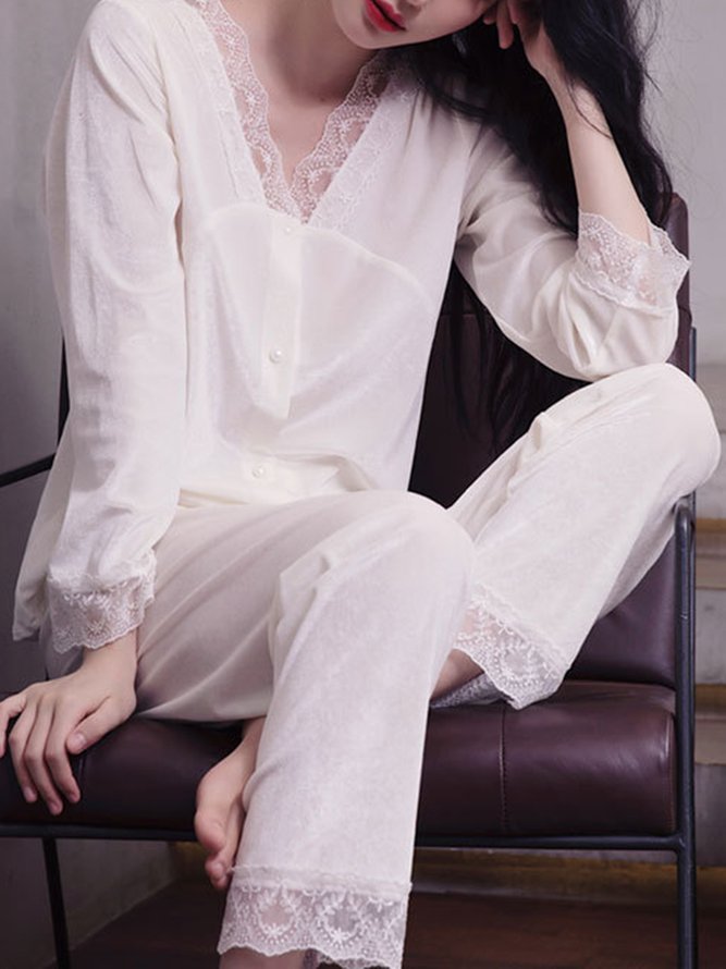 Lace Stitching Gold Velvet Long Sleeve Trousers Loungewear Two Piece
