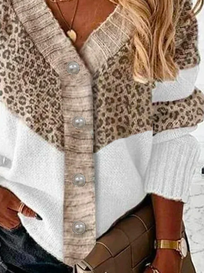 Leopard Cotton-Blend Loose V Neck Sweater