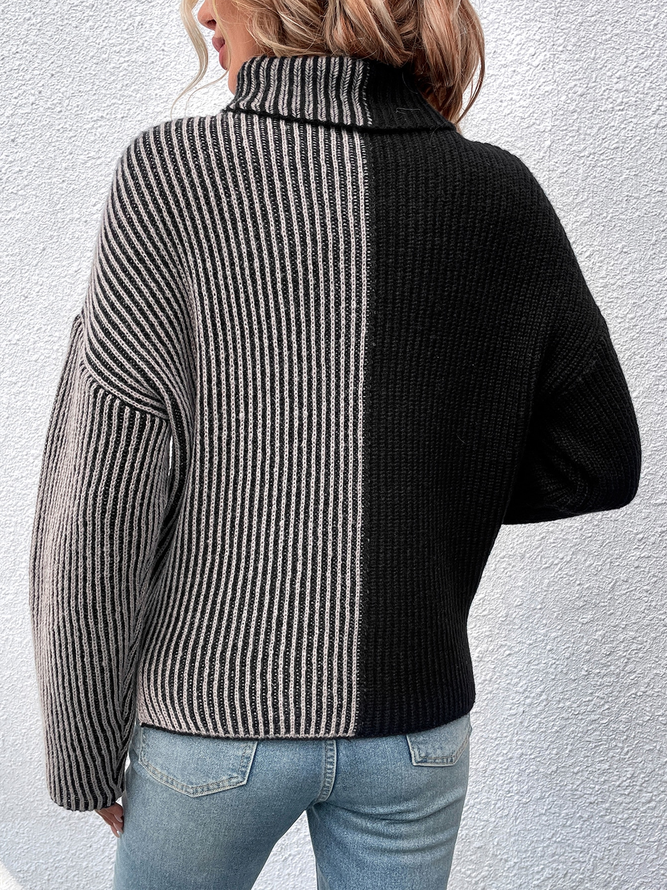 Loose Color Block Turtleneck Casual Sweater
