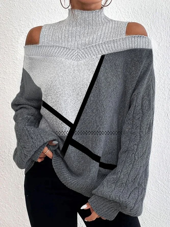 Loose Geometric Turtleneck Cold Shoulder Wool/Knitting Tunic Sweater Knit Jumper