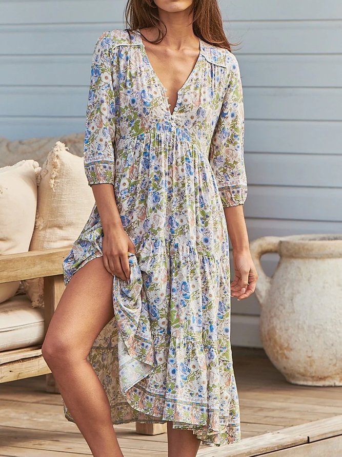 V Neck Buttoned Vacation Loose Dress