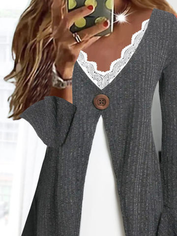 V Neck Casual Plain Buckle Open Front Cardigan