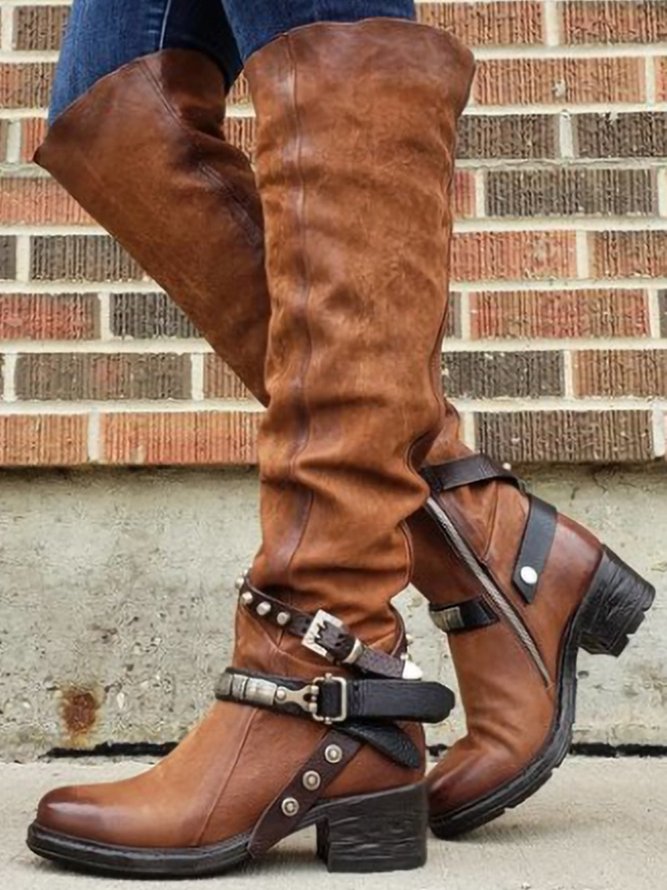 Vintage Rivet Buckle Zipper Chunky Heel Boots