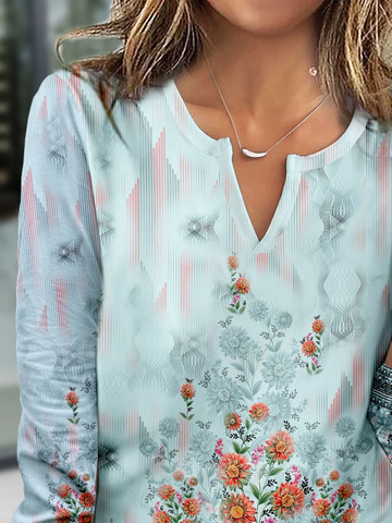 Floral Printed Notched Neck Casual T-Shirt