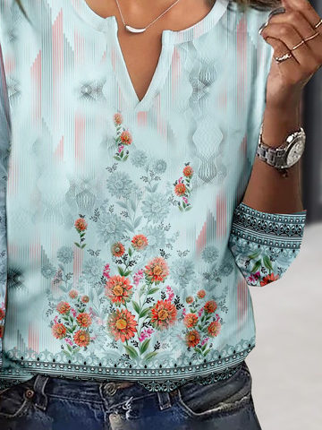 Floral Printed Notched Neck Casual T-Shirt