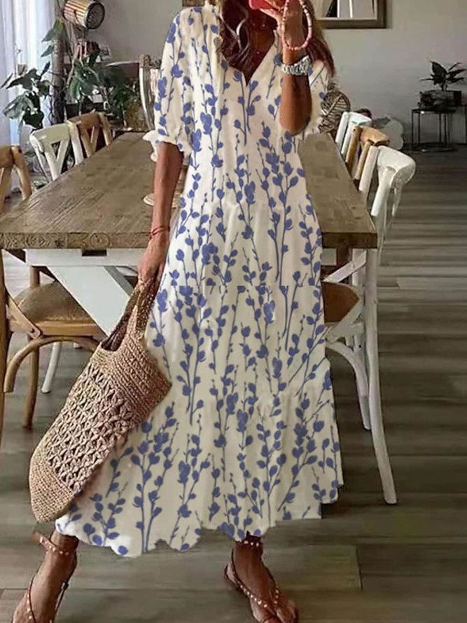 V Neck Loose Blue Floral Casual Dress 2023