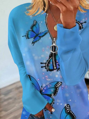 Butterfly Long Sleeve Zipper Casual Sweatshirt