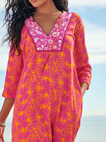 Loose V Neck Cashew Flowers Printed Vacation Dress