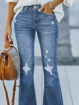 Plain Ripped Pockets Buckle Casual Denim Jeans