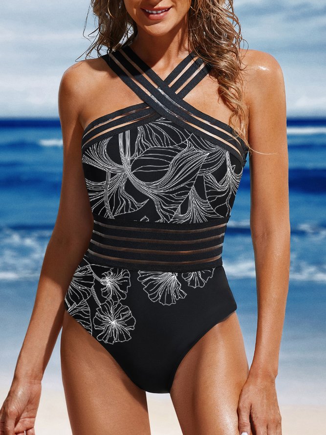 Vacation Cross Neck Leaf Printing One-Piece