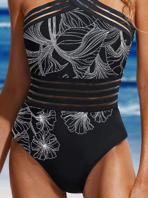 Vacation Cross Neck Leaf Printing One-Piece