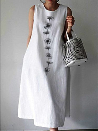 Crew Neck Floral Casual Cotton And Linen Dress