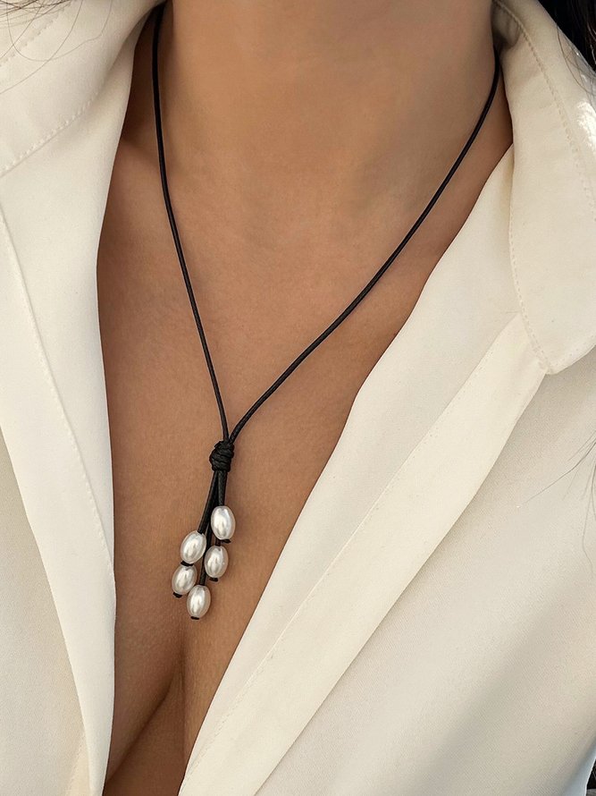 Boho Vacation Leather Pearl Pendant Necklace Western Jewelry