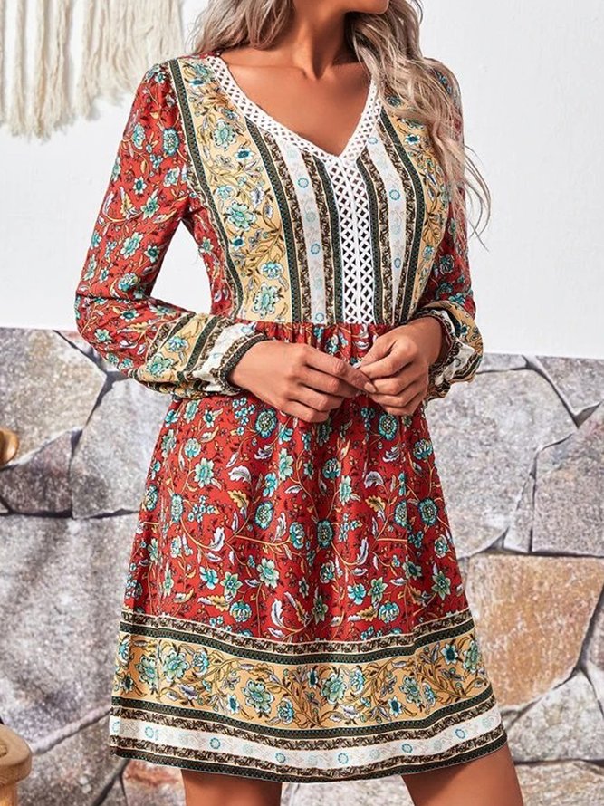 Floral Long Sleeve Lace V Neck Vacation Tunic Dress